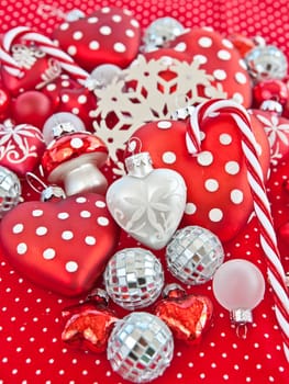Background of Christmas decorations in red and white