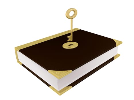 Golden key about to open an old leather book. Conceptual for access to knowledge, learning, education.