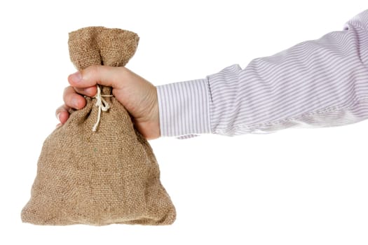 Hand with burlap sack, isolated on white background