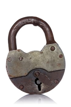 Old rusty padlock with reflection on white background