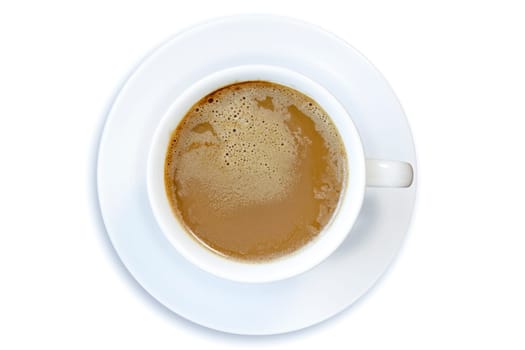 Top view of coffee cup over a white background
