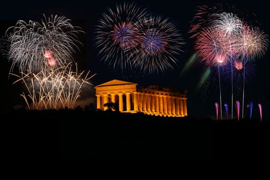 fireworks with greek Temple in Agrigento Sicily Italy