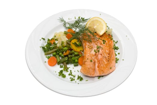 Salmon with vegetables and plate decoration