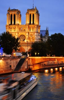 Notre-Dame Cathedral in Paris, France after sunset