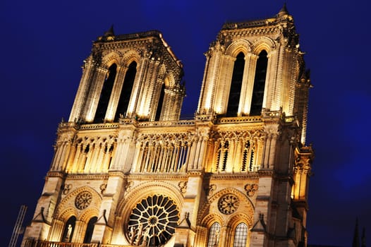 Notre-Dame Cathedral in Paris, France after sunset