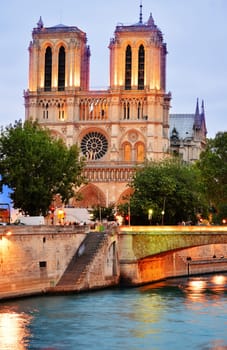 Notre-Dame Cathedral in Paris, France after sunset