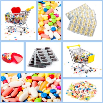 Collection of medical concepts with pills. Colored pills, tablets and capsules on a white background