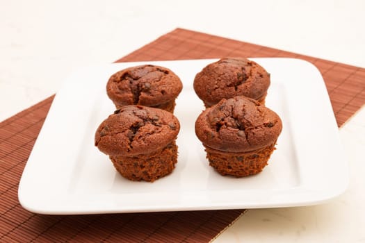 Chocolate Muffins on a white plate.