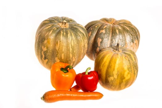 Pumpkins and other vegetables on a white background, isolated.