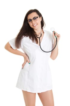 Sexy nurse with stethoscope. female doctor - isolated over a white background