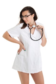 Sexy nurse with stethoscope. female doctor - isolated over a white background