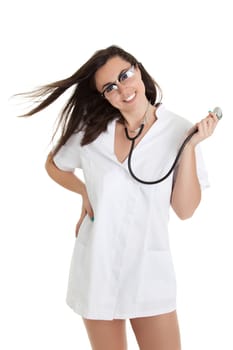 Sexy nurse with stethoscope. female doctor - isolated over a white background