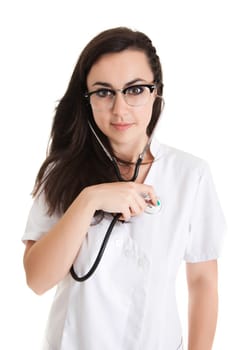 Sexy nurse with stethoscope. female doctor - isolated over a white background