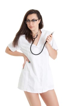 Sexy nurse with stethoscope. female doctor - isolated over a white background