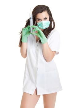 Doctor woman with medical syringe. young female doctor with syringe