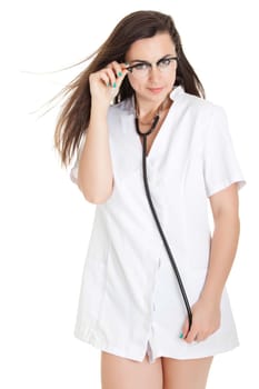 Sexy nurse with stethoscope. female doctor - isolated over a white background