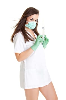 Doctor woman with medical syringe. young female doctor with syringe