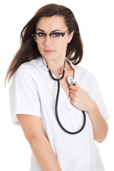 Sexy nurse with stethoscope. female doctor - isolated over a white background