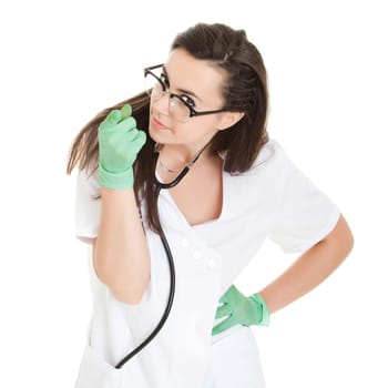 medical doctor woman with stethoscope. Portrait of a beautiful woman doctor Isolated over white background.