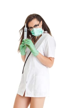 Doctor woman with medical syringe. young female doctor with syringe