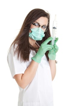 Doctor woman with medical syringe. young female doctor with syringe