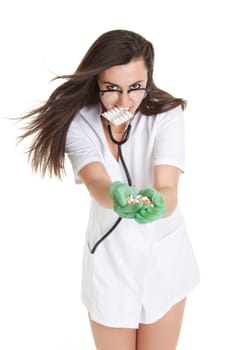 woman doctor with pills in hand. Female doctor holding many pills in her hands