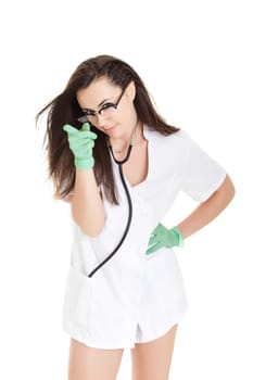 medical doctor woman with stethoscope. Portrait of a beautiful woman doctor Isolated over white background.