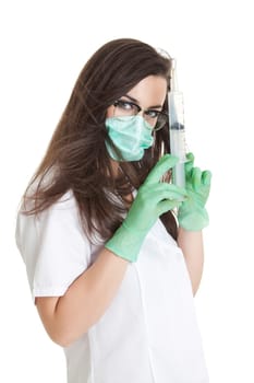 Doctor woman with medical syringe. young female doctor with syringe