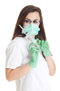 Doctor woman with medical syringe. young female doctor with syringe