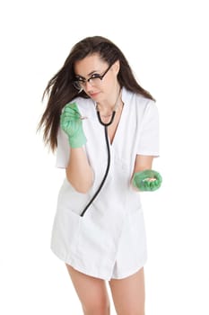 woman doctor with pills in hand. Female doctor holding many pills in her hands