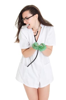 woman doctor with pills in hand. Female doctor holding many pills in her hands