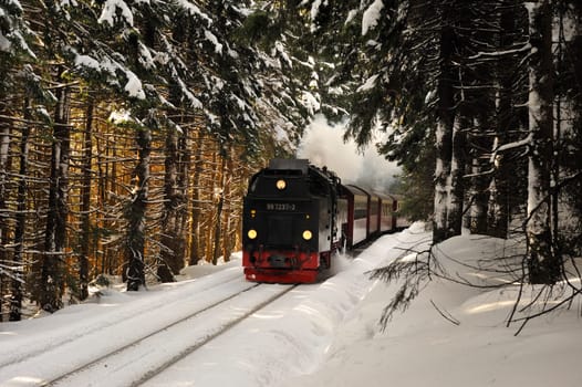 Brocken im Schnee und Eis, Winter,Harz.Harz Narrow Gauge Steam Train in clouds of smoke Harz Brocken