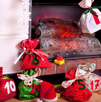 homemade Advent calendar by the fireplace