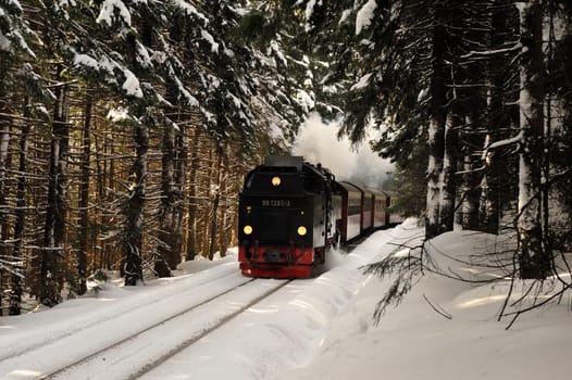 Brocken im Schnee und Eis, Winter,Harz.Harz Narrow Gauge Steam Train in clouds of smoke Harz Brocken
