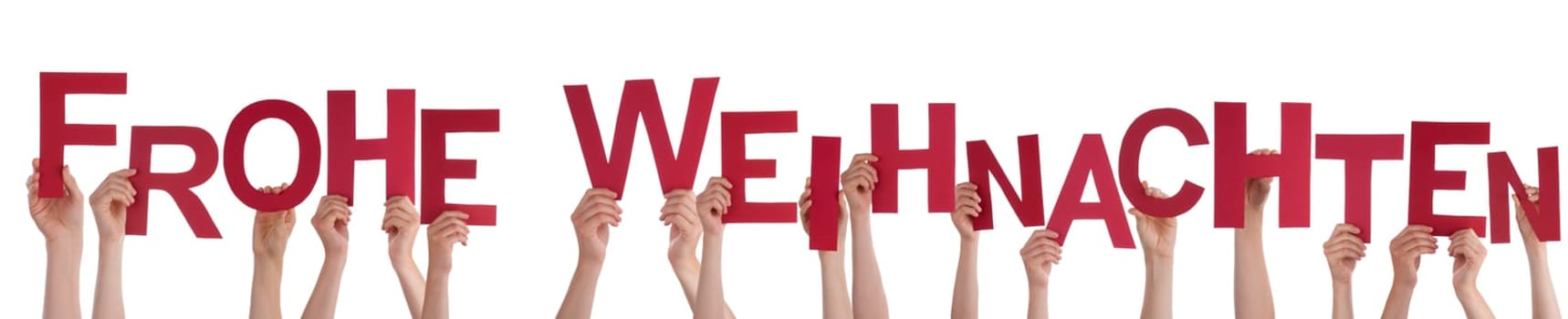 Many Hands Holding the German Words Frohe Weihnachten Which Means Merry Christmas, Isolated