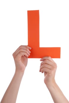 Two Hands Hold an Orange L, Isolated