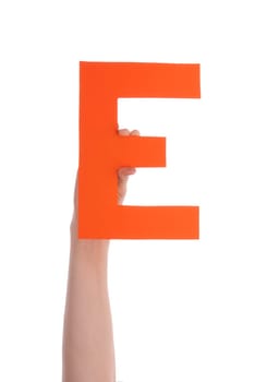 A Hand Holds an Orange E, Isolated