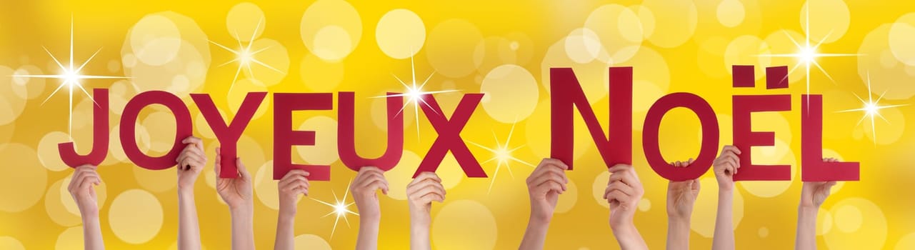 Many People Holding the French Words Joyeux Noel Which Means Merry Christmas on a Golden Background