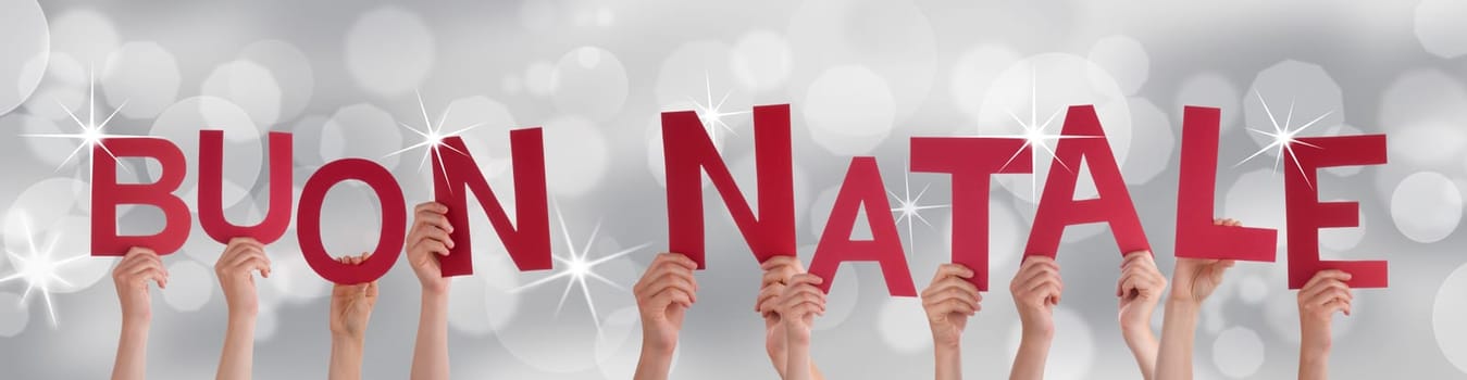 Many People Holding the Italian Words Buon Natale Which Means Merry Christmas on a Silver Background