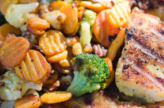 Vegetables fried on coals, close up