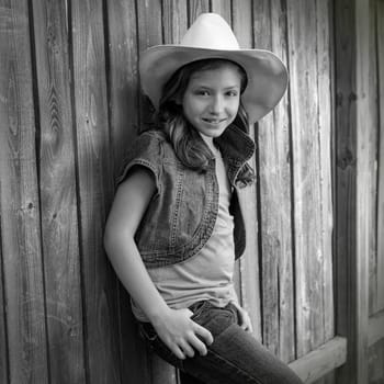 Children girl as kid cowboy girl cowgirl posing on wooden fence far west style