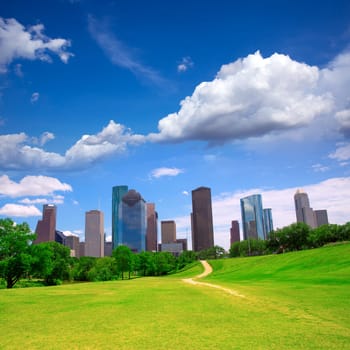 Houston Texas Skyline with modern skyscapers and blue sky view from park lawn