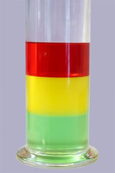 The photograph of three superimposed liquids in a test tube.