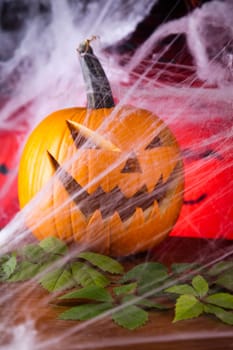 Halloween background with web and spider,pumpkin