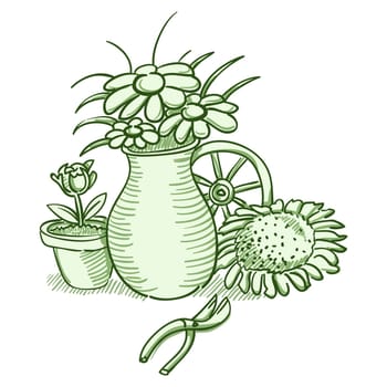 Green gardening tools and flowers in vase
