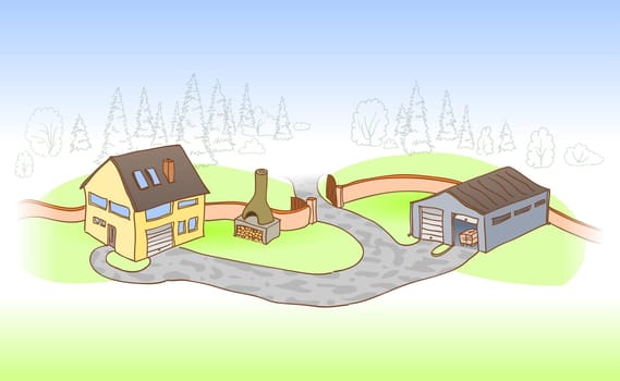 Graphic drawing of house garage and garden