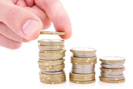 Hand put coin to money staircase  on white background