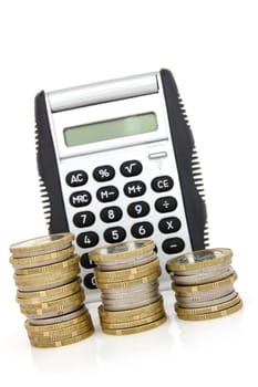 Stair of coins and calculator on white background