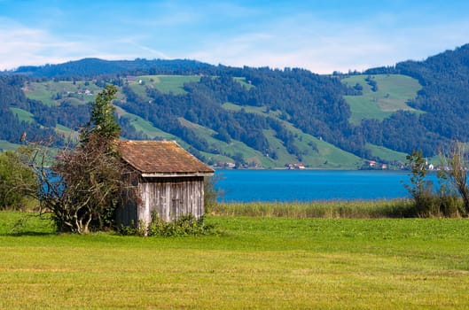 Lake Ägeri with small stable