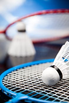 Shuttlecock on badminton racket
